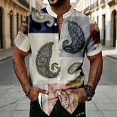 cheap Ethnic Pattern-Men's Paisley Patchwork Floral Print Shirt Button Up Shirt Stand Collar Shirt Short Sleeve Ethnic Vintage Retro Vacation Dailywear Beach Wear Summer Spring Mandarin Collar 3D Print Linen Like Shirt
