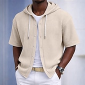 preiswerte Smart Casual Hemden für Herren-Herren Hemd Waffelhemd Freizeithemd Knopfhemd Schwarz Weiß Hellgrün Marineblau Purpur Kurzarm Einfarbig Einfach Mit Kapuze Lässig Täglich Fronttasche Bekleidung Elegant Mode Lässig