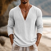 voordelige Katoenen Linnen T-shirts-Voor heren T-shirt Lange mouw V-hals Lente zomer Zomer Lente Effen Modieus Ontwerper Basic Zacht Casual Vakantie Straat Licht Blauw Top T-shirt voor mannen
