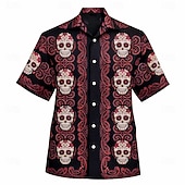 voordelige Vintage overhemd-Cinco de Mayo Voor heren Calavera Mexico Doodskoppen Overhemd Overhemd met knopen Kampshirt Korte mouw Vintage Retro Streetwear Vakantie Zomer Lente Cubaanse kraag 3D-afdrukken blauw Rood Paars Groen