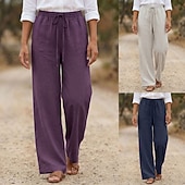 preiswerte Unterteile-Damen Baumwollleinen Weites Bein Urlaub Basic Volle Länge Hohe Taille Einfach Bequem Unelastisch Täglich Hanf weiß Marineblau Purpur Sommer Frühling Lässiger Schnitt