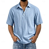 abordables Clásico-Men's Shirt Popover Shirt Summer Shirt Beach Wear Cotton Linen Shirt Button Up Shirt Solid Color Casual Vacation Blue Black Navy Blue Purple Short Sleeve Shirt Collar Summer Spring Clothing Apparel