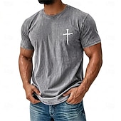  T-shirt da uomo vintage grigia con stampa croce e lavaggio acido, maniche corte, girocollo, regalo di fede cristiana per lui, abbigliamento di design