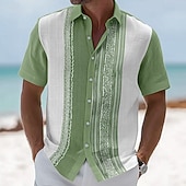 tanie Geometryczny wzór-Męskie Geometryczny Prążki Koszula Koszula Guayabera Zapinana na guziki koszula Krótki rękaw Moda na co dzień Codzienny Na zewnątrz Urlop Lato Wiosna Wieczorne Druk 3D Koszula z lnu Niebieski Rumiany