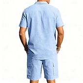 baratos Camisa Algodão Linho-Homens Camisa de linho 2 Peças Conjunto de camisa E Bermuda Cargo Calção Shorts de linho Definir Tecido Diário Ao ar livre Férias Aberto para a Lateral Manga Curta Verão Moda Casual Confortável Roupa