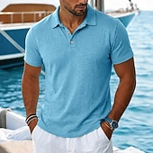 economico Polo Classico da Uomo-Per uomo Camicia di lino Polo Casuale Vacanza Classico Manica Corta Vacanza Moda Semplice Testurizzato Bottoni Estate Primavera Vestibilità regolare azzurro cielo Nero Rosa Verde Azzurro Camicia di