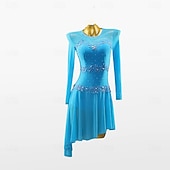 voordelige wedstrijd jurk-Sky Blue Latin Dance Dress - Long Sleeve Mesh Performance Costume with Rhinestones &amp; Lace Applique