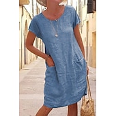 cheap Dresses-Women's Mini Dress Linen-feel Dresses Casual Dress T Shirt Dress Tee Dress Fashion Modern Daily Vacation Going out Loose Fit Plain Short Sleeve Crew Neck Black Khaki Gray Light Blue Summer Spring Fall