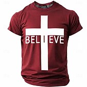  Believe Christian Cross Men's Minimalist Religious Spiritual T Shirt Graphic Crew Neck Short Sleeve Church Worship Gift for Believers Designer Clothing Apparel