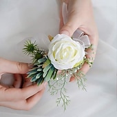 levne Umělé květiny-Slonovinová růžová korsáž na zápěstí, náramek a pánská sada boutonniér pro bílé svatební květinové doplňky, dekorace na ples