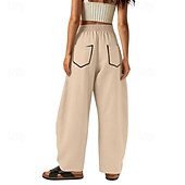 abordables Fondos-Mujer Pantalones de lino y algodón Pantalones Pantalones casuales Pantalones de verano Vacaciones Moda Ropa de calle Longitud total Alta cintura Retazos Bolsillo Cintura elástica Comodidad Cómodo