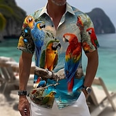 baratos Pássaros &amp; Animais-Homens Pássaro Flores tropicais Papagaio Camisa Social Camisas havaianas Camisas tropicais Manga Curta Havaiana Praia Férias Verão Primavera Aberto para a Lateral Impressão 3D Camisas de botões Azul