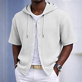 preiswerte Smart Casual Hemden für Herren-Herren Hemd Waffelhemd Freizeithemd Knopfhemd Schwarz Weiß Hellgrün Marineblau Purpur Kurzarm Einfarbig Einfach Mit Kapuze Lässig Täglich Fronttasche Bekleidung Elegant Mode Lässig