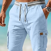 ieftine Vacanţă-Bărbați Pantaloni de in Pantaloni de vară Pantaloni largi Cordon Talie elastică Picior drept Simplu Confort Respirabil Lungime totală Casual Zilnic În aer liber Vacanță Modă Albastru piscină Negru