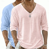  Camiseta de lino para hombre, 2 piezas, manga larga, cuello en V, verano, primavera &Conjunto de 2 piezas liso para verano, color liso, para uso diario, estilo urbano, informal, para exteriores, color