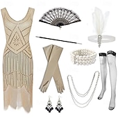 tanie stroje-Zabytkowe Ryczące 20s 1920 roku Do kolan Sukienka w stylu lat 20-tych Rękawiczki Nakrycie głowy Bez rękawów Wielki Gatsby Czarleston Cekiny Frędzel Strój na bal maskowy Damskie Halloween Karnawał