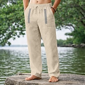 baratos Retrô-Homens Calças de linho Calça verão Calças de praia Com Cordão Patchwork Perna reta Tecido Conforto Respirável Comprimento total Casual Diário Feriado Férias Moda Preto Branco Sem Elasticidade