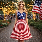  250º Aniversário EUA Meio-dia Vestidos Sem Mangas Nadador Bandeira dos EUA Decote V Fantasia Mulheres 250º Aniversário EUA 4 de julho Festa Adulto Vestido Verão