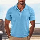 abordables Polo Classique pour Hommes-Homme Chemise en lin Polo Occasionnel Vacances Classique Manche Courte Vacances Mode Uni Texturé Boutons Été Printemps Coupe régulière Bleu Clair Noir Rose Claire Vert Bleu clair Chemise en lin