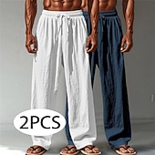 cheap Classic-Men's Linen Pants Trousers Summer Pants Baggy Pants Beach Pants Drawstring Elastic Waist Straight Leg Plain Comfort Breathable Full Length Casual Daily Outdoor Vacation Fashion Green+Gray White+Navy