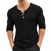 halpa Rento Henley T-paita-Miesten T-paidat Pellava T-paita Pitkähihainen Yhtenäinen väri Tavallinen Solid Color Loma Vapaa-aika Napit Perus Henley Kausaliteetti Päivittäin ulko- Kevät kesä Kesä Kevät Sininen Musta