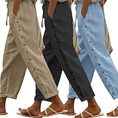 preiswerte Luxusunterteile-3er-Pack Damenhosen, Sommerhosen, Freizeithosen, Urlaubshosen, Basic-Hosen, knöchellang, natürliches, schlichtes Design, Seitentaschen, seitliche Knöpfe, bequem, atmungsaktiv, nicht elastisch, ideal für Wochenendausflüge