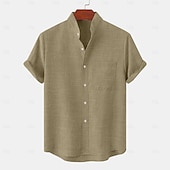 abordables Clásico-Hombre Camisa de lino Camisa casual Camisa con cuello mao Plano Playa Vacaciones Negro Blanco Amarillo Rosa Manga Corta Henley Primavera verano Ropa Bolsillo delantero