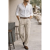  Leinenanzughose für Herren, plissiert, lockere Passform – leichte Sommerhose, lässige Freizeithose mit weitem, geradem Bein, erhältlich in Braun, Marineblau und Beige