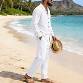 abordables Chemises lin et coton-Homme Chemise en lin Deux pièces Ensemble Chemise Et Pantalons en Lin Pantalons Pantalon décontracté Set Uni Quotidien Extérieur Plage Col Rabattu manche longue Été Printemps Mode Occasionnel