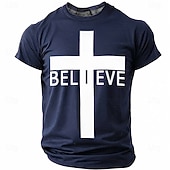  Believe Christian Cross Men's Minimalist Religious Spiritual T Shirt Graphic Crew Neck Short Sleeve Church Worship Gift for Believers Designer Clothing Apparel