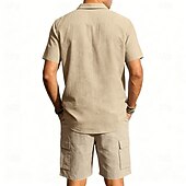 baratos Camisa Algodão Linho-Homens Camisa de linho 2 Peças Conjunto de camisa E Bermuda Cargo Calção Shorts de linho Definir Tecido Diário Ao ar livre Férias Aberto para a Lateral Manga Curta Verão Moda Casual Confortável Roupa