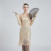 tanie stroje-Zabytkowe Ryczące 20s 1920 roku Do kolan Sukienka w stylu lat 20-tych Rękawiczki Nakrycie głowy Bez rękawów Wielki Gatsby Czarleston Cekiny Frędzel Strój na bal maskowy Damskie Halloween Karnawał