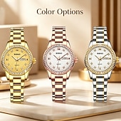 baratos Relógios Quartz-Relógio feminino de luxo, com bisel de diamantes, em aço inoxidável dourado e rosé, elegante e moderno, com janela de dia e data, joia à prova d'água para presentear sua mãe ou esposa.