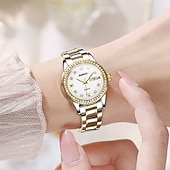 baratos Relógios Quartz-Relógio feminino de luxo, com bisel de diamantes, em aço inoxidável dourado e rosé, elegante e moderno, com janela de dia e data, joia à prova d'água para presentear sua mãe ou esposa.