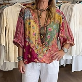 abordables Tops Boho-Mujer Camisa Camisas de algodón y lino camisa boho Blusa Retazos Estampado Floral Graphic Bohemia Elegante Étnico Media Manga Escote en Pico Tops regulares Diario Festivos Noche Rojo Verano Primavera