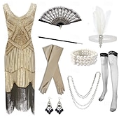 tanie stroje-Zabytkowe Ryczące 20s 1920 roku Do kolan Sukienka w stylu lat 20-tych Rękawiczki Nakrycie głowy Bez rękawów Wielki Gatsby Czarleston Cekiny Frędzel Strój na bal maskowy Damskie Halloween Karnawał