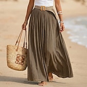 ieftine Fuste simple-Pentru femei Fustă de vacanță Fustă din bumbac artificial și in Modă Casual Lung vară Maxi Talie Înaltă Fuste Simplu Zdrobit Fluid Strech Zilnic Plajă Albastru piscină Măr Verde Maroniu Galben Lămâie