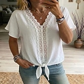 billiga Enkla blusar-Women's Shirt Blouse Patchwork Lace Trim Fashion Casual Beach Sleeveless V Neck Regular Tops Casual White Pink Sky Blue Dark Blue Summer