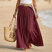 ieftine Fuste simple-Pentru femei Fustă de vacanță Fustă din bumbac artificial și in Modă Casual Lung vară Maxi Talie Înaltă Fuste Simplu Zdrobit Fluid Strech Zilnic Plajă Albastru piscină Măr Verde Maroniu Galben Lămâie