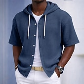 preiswerte Smart Casual Hemden für Herren-Herren Hemd Waffelhemd Freizeithemd Knopfhemd Schwarz Weiß Hellgrün Marineblau Purpur Kurzarm Einfarbig Einfach Mit Kapuze Lässig Täglich Fronttasche Bekleidung Elegant Mode Lässig