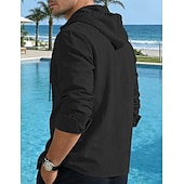 tanie Casualowa koszulka Henley-Męskie Koszula bawełniano-lniana Podkoszulek Koszula Henley Koszulka z długim rękawem Długi rękaw Kaptur Wiosna Jesień Równina Moda Moda miejska Codzienny Ściągana na sznurek Guziki Codzienny Urlop