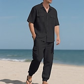 cheap Cotton Linen Shirt-Men's Linen Shirt 2 Piece Shirt Set And Cargo Pants Linen Pants Trousers Set Plain Casual Daily Outdoor Turndown Short Sleeves Summer Fashion Casual Comfortable Clothing Apparel