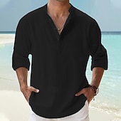 economico Vacanza-Per uomo Camicia di lino Camicia popover Camicia casual Camicia da Spiaggia Camicia con colletto alla coreana Semplice Spiaggia Vacanza Blu Nero Bianco Rosa Manica Lunga Henley Primavera &amp; Estate