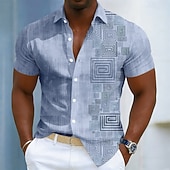economico Geometrica-Per uomo Geometrico Etnico Chiave greca Camicia Camicia con Bottoni Manica Corta Moda Casual Quotidiano All'aperto Vacanza Estate Primavera Collo ripiegato Stampa 3D Camicia tipo lino Blu Giallo