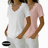 ieftine tricou simplu-pachete multiple 2 buc bluză textură top cu ochiuri tricou simplu elegant de bază clasic mânecă scurtă decolteu în V topuri obișnuite casual zilnic plajă galben+negru