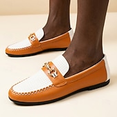 baratos Mocassins casuais-Mocassins masculinos laranja e branco, modelo slip-on com detalhe metálico, calçado casual elegante para o escritório, uso diário, viagens, looks de fim de semana e estilo cavalheiro.