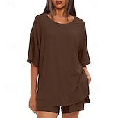 cheap Women's Blouse Suits-Women's Two Piece Sets Shorts Sets Short Sleeve Round Neck Plain Fashion Streetwear Casual Daily Outdoor Black Brown Summer Regular Fit