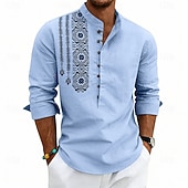 cheap Vacation-Men's Shirt Linen Shirt Popover Shirt Summer Shirt Beach Shirt Geometric Casual Vacation Black White Pink Navy Blue Long Sleeve Stand Collar Summer Spring Clothing Apparel Buttons