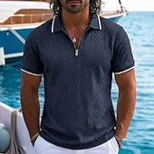 baratos Polo Clássico Masculino-Homens Polo com zíper Textura Casual Feriado Lapela Quarter Zip Manga Curta Moda Básico Tecido Jacquard Quarter Zip Verão Normal Azul Claro Preto Branco Vinho Azul Marinha Caqui Polo com zíper