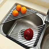 abordables Utensilios de cocina y gadgets-Escurridor de platos sobre el fregadero, enrollable y triangular para esquina de cocina, alfombrilla de escurridor plegable de acero inoxidable (triangular), escurridor de platos para fregadero de